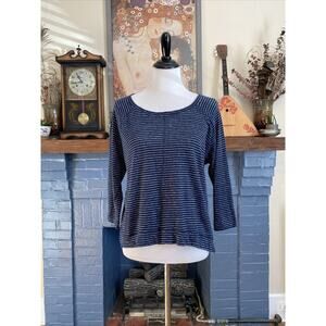 Nordstrom Signature 100% Linen Striped Top Size XL Navy Blue White Crop Shirt